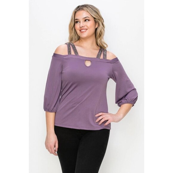 Embellishment Double Straps Keyhole Cold Shoulder Blouse - Picture 7 of 9